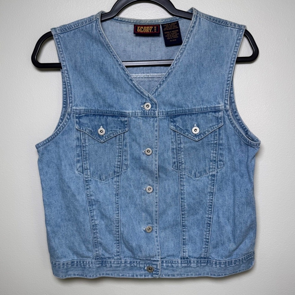 Vintage 90s Faded Glory Pleated Light Wash Denim Vest Medium Retro Indie Grunge